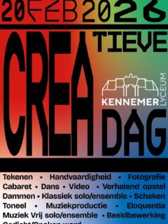 De creatieve dag komt er weer aan! 20 februari staat in het teken van tekenen, handvaardigheid, dans, zang, fotografie, cabaret, schaken, toneel, en nog veel meer creatiefs! Schrijf je meteen in, of vraag even aan je mentor, mevrouw Post, mevrouw Inberg of meneer Kaspers.
